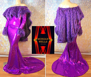 FAUX FEATHER CAPE SHOULDER SPARKLE STRETCH DRESS IN PURPLE