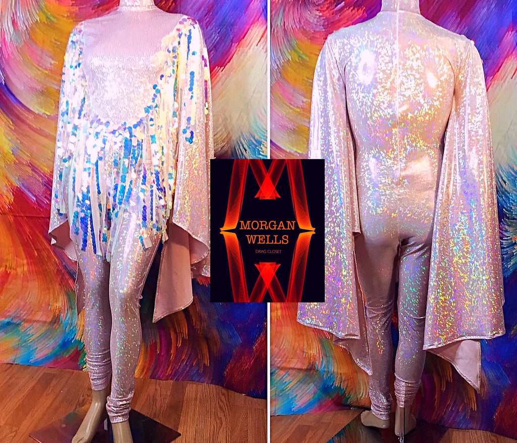 IRIDESCENT PINK HOLOGRAM AND SEQUIN CATSUIT
