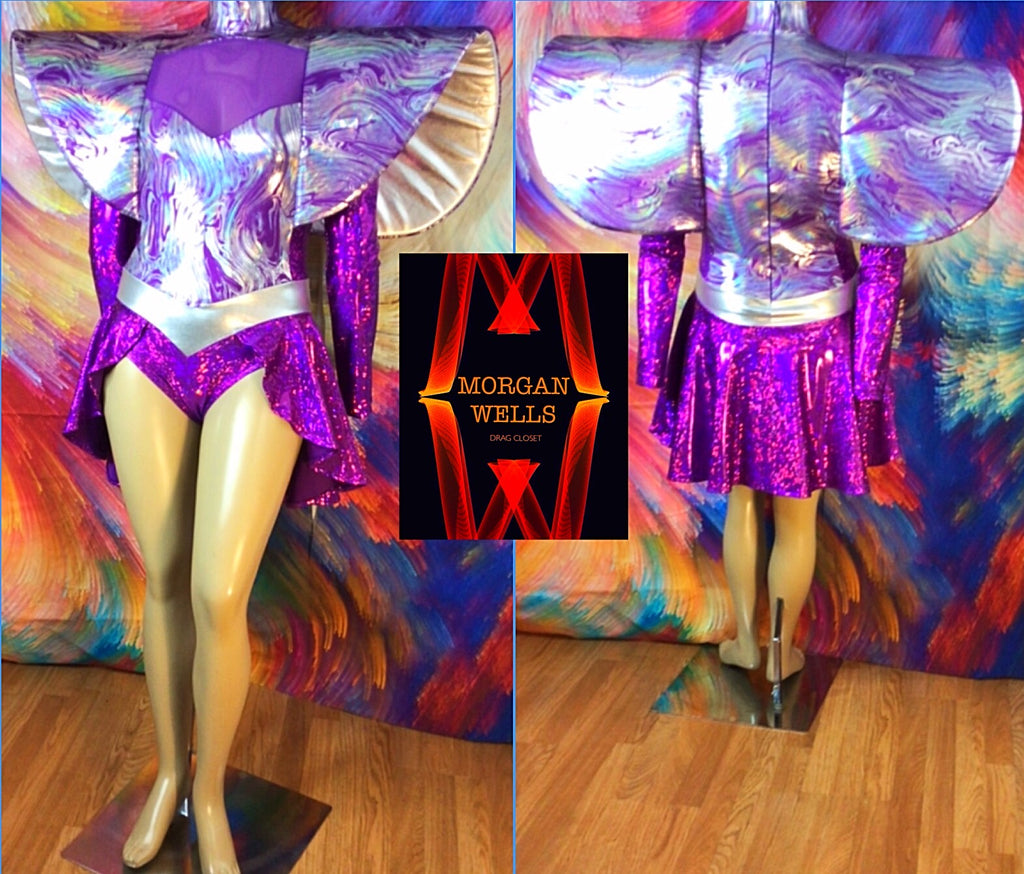 LAVA PRINT LEOTARD WITH WINGS IN SILVER AND PURPLE