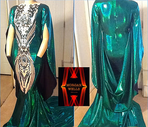 HOLOGRAM AND SEQUIN CAPE SLEEVE GOWN IN EMERALD