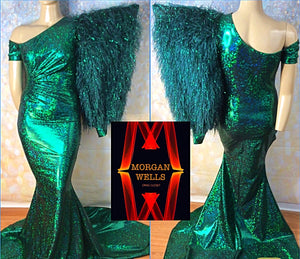 ONE SHOULDER FAUX FEATHER SLEEVE DRAPED DRESS IN EMERALD