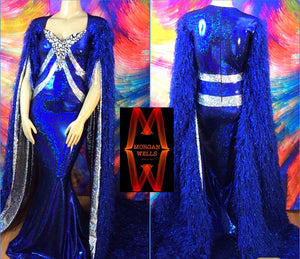 ROYAL-T FLOOR LENGTH FAUX FEATHER SLEEVE SPARKLE STRETCH DRESS IN SAPPHIRE