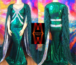 ROYAL-T FLOOR LENGTH FAUX FEATHER SLEEVE SPARKLE STRETCH DRESS IN EMERALD