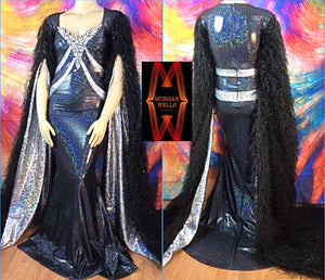 ROYAL-T FLOOR LENGTH FAUX FEATHER SLEEVE SPARKLE STRETCH DRESS IN BLACK