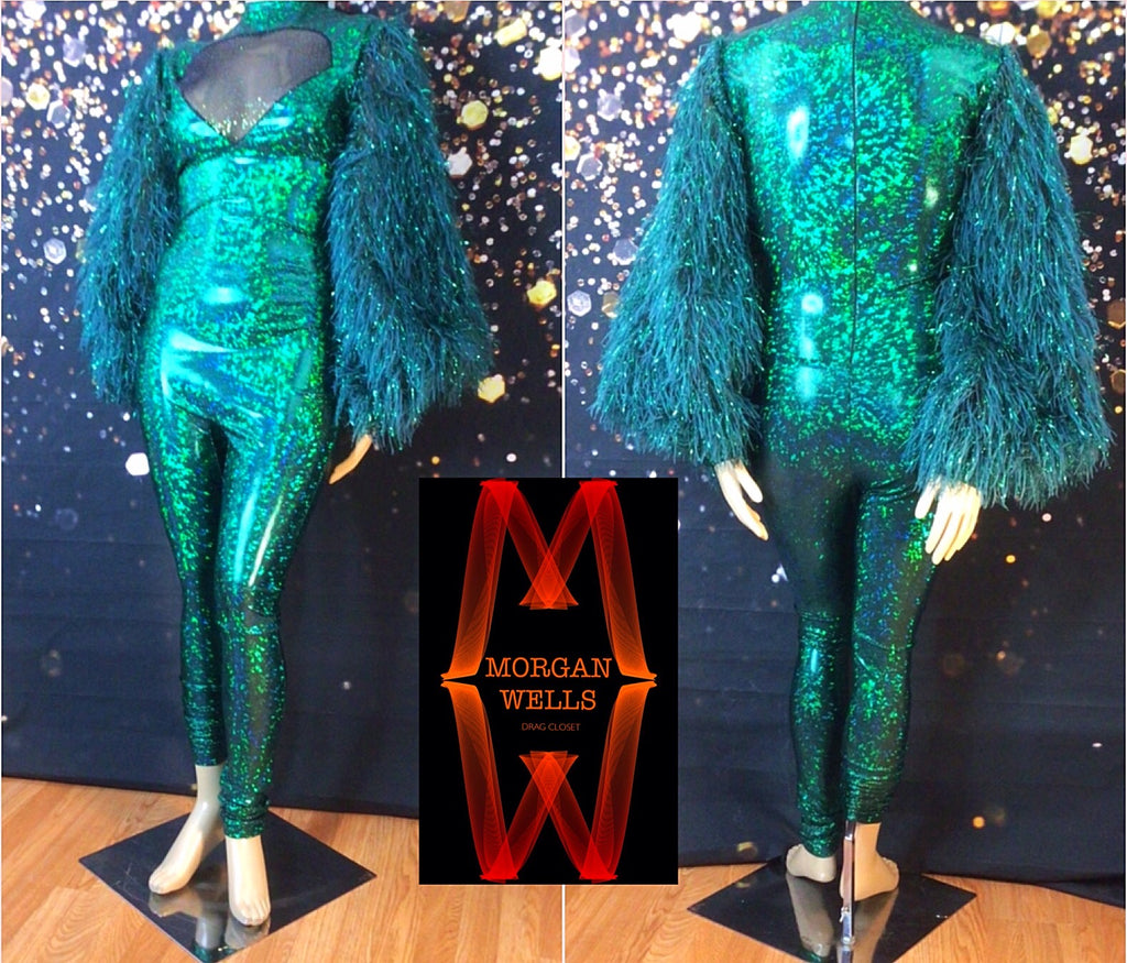 HOLOGRAM SPANDEX WITH FAUX FEATHER SLEEVE CATSUIT IN EMERALD
