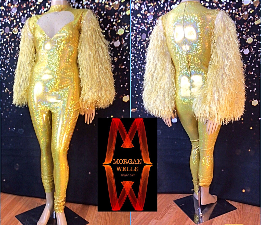 HOLOGRAM SPANDEX WITH FAUX FEATHER SLEEVE CATSUIT IN GOLD