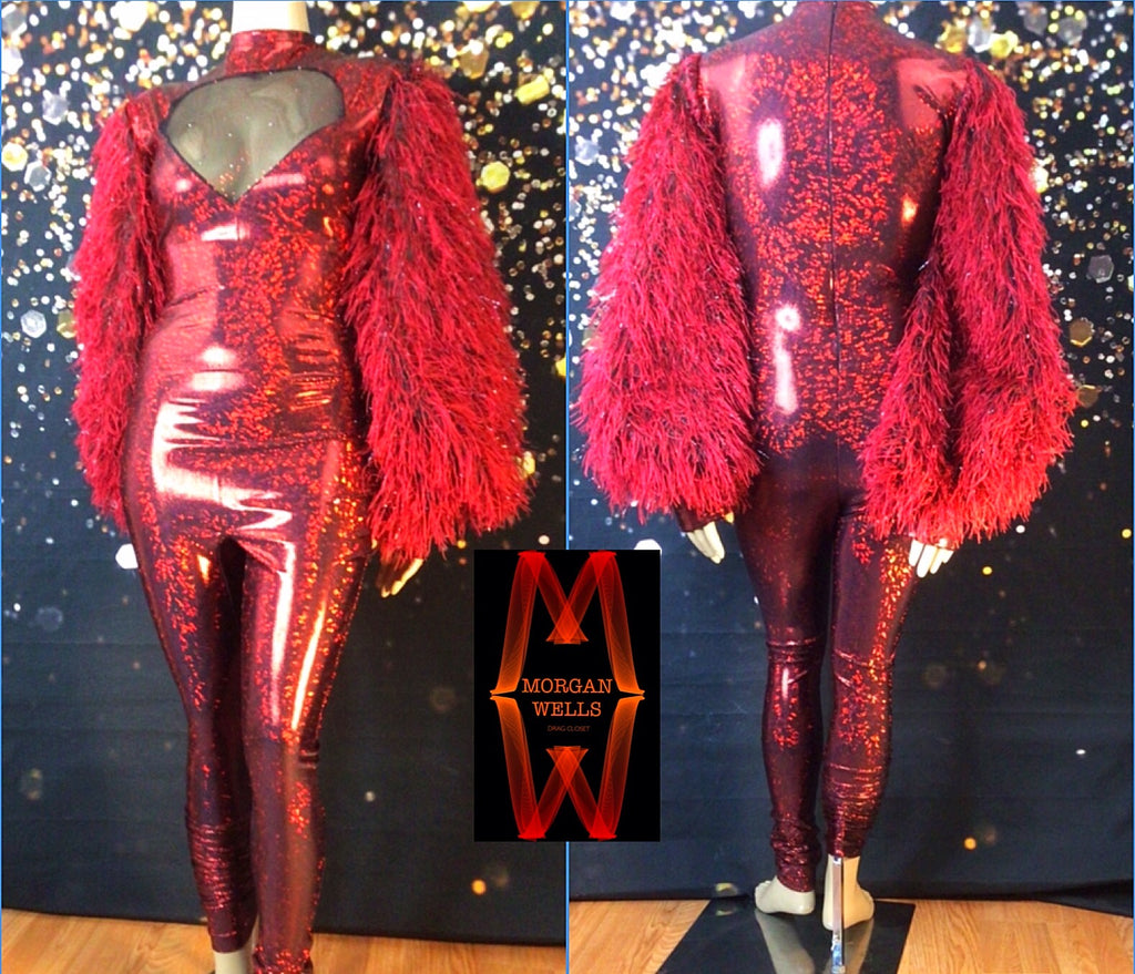 HOLOGRAM SPANDEX WITH FAUX FEATHER SLEEVE CATSUIT IN RUBY