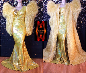 GOLD FAUX FEATHER SLEEVE HOLOGRAM DRESS AND MATCHING SLEEVELESS COAT