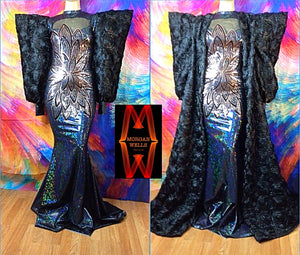 BLACK 3D FLOWER SLEEVE HOLOGRAM AND SEQUIN DRESS AND MATCHING SLEEVELESS COAT
