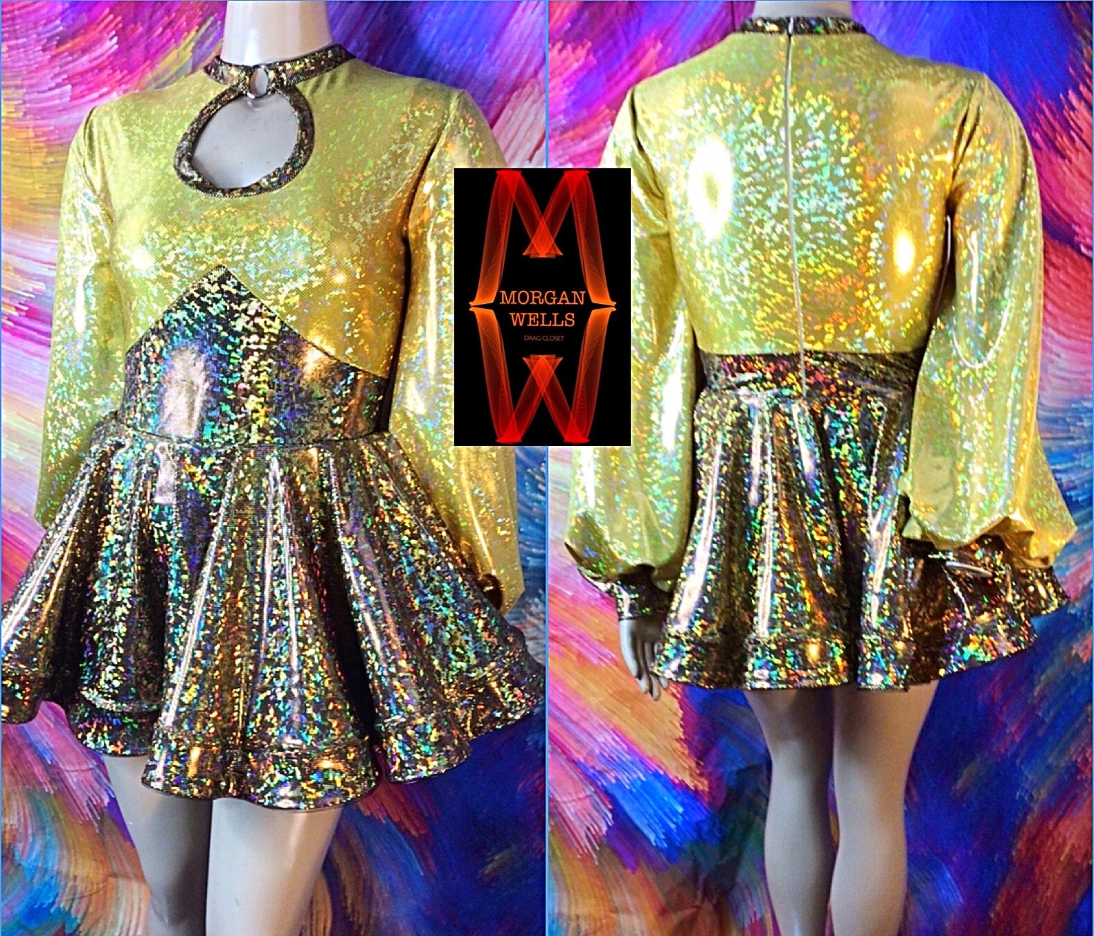 TWO TONE HOLOGRAM SUPER FLARE LEOTARD DRESS IN GOLD TWO TONE HOLOGRAM SUPER FLARE LEOTARD DRESS IN GOLD