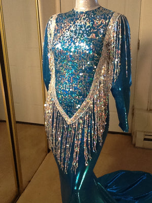 TURQUOISE AND SILVER HOLOGRAM SEQUIN FRONT STRETCH DRESS