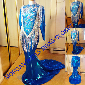 TURQUOISE AND SILVER HOLOGRAM SEQUIN FRONT STRETCH DRESS