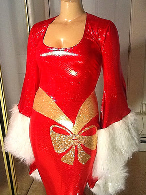 RED HOLIDAY FUR TRIMMED SPARKLE STRETCH DRESS