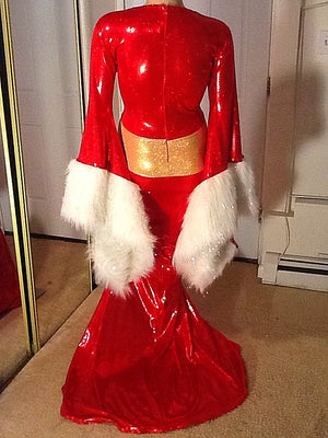 RED HOLIDAY FUR TRIMMED SPARKLE STRETCH DRESS
