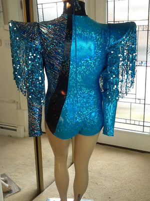 BIAS CUT SEQUIN FRINGE HOLOGRAM LEOTARD AND RIP AWAY SKIRT IN TURQUOISE