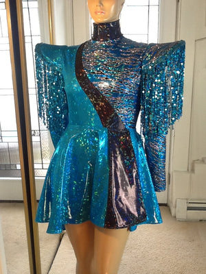 BIAS CUT SEQUIN FRINGE HOLOGRAM LEOTARD AND RIP AWAY SKIRT IN TURQUOISE