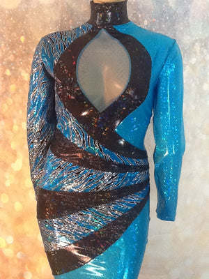 TURQUOISE AND BLACK HOLOGRAM SPARKLE STRETCH DRESS!