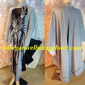 PEWTER SEQUIN TRIMMED CAPED STRETCH CATSUIT