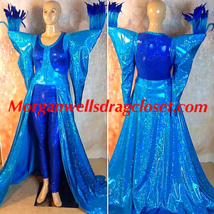 TURQUOISE AND BLUE HOLOGRAM FEATHER TRIM SPANDEX  CATSUIT