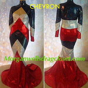 CHEVRON HOLOGRAM DRESS IN RED BLACK AND WHITE