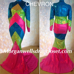 CHEVRON HOLOGRAM DRESS IN TURQUOISE LIME AND HOT PINK