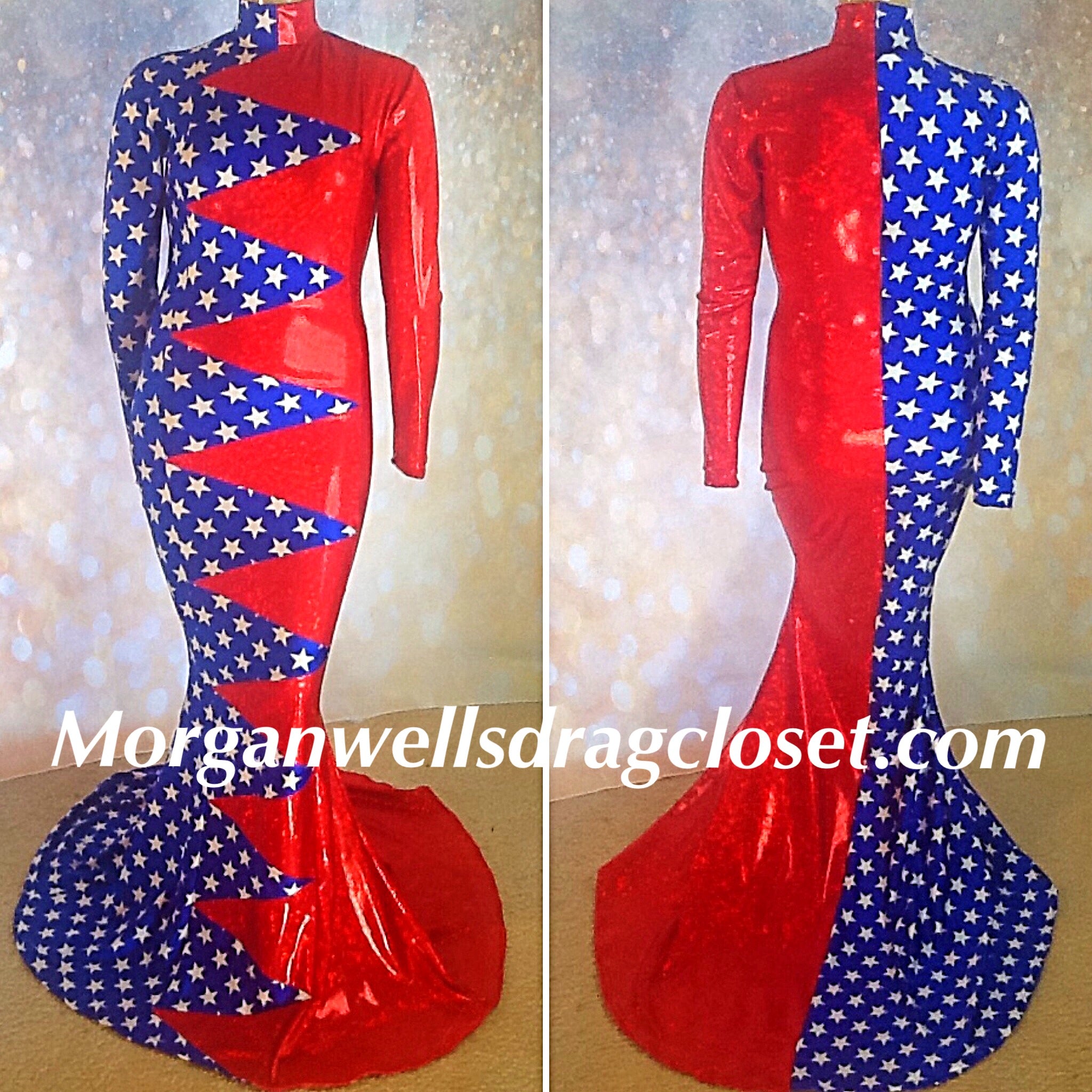 BLUE AND WHITE STARS AND RED HOLOGRAM PATRIOTIC DRESS! MORGAN WELLS DRAG CLOSET BLUE AND WHITE STARS AND RED HOLOGRAM PATRIOTIC DRESS! MORGAN WELLS DRAG CLOSET