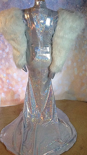 WINTER WONDERLAND WHITE HOLOGRAM FUR SLEEVE DRESS MORGAN WELLS DRAG CLOSET WINTER WONDERLAND WHITE HOLOGRAM FUR SLEEVE DRESS MORGAN WELLS DRAG CLOSET