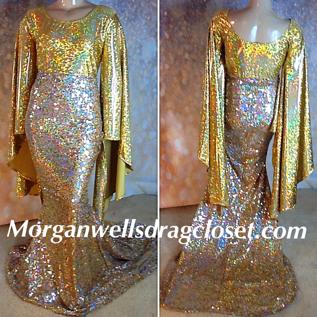 SEQUIN AND HOLOGRAM STRETCH DRESS IN GOLD