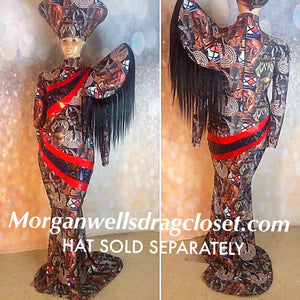 AFRICAN MASK PRINT AND HAIR TRIMMED DRESS