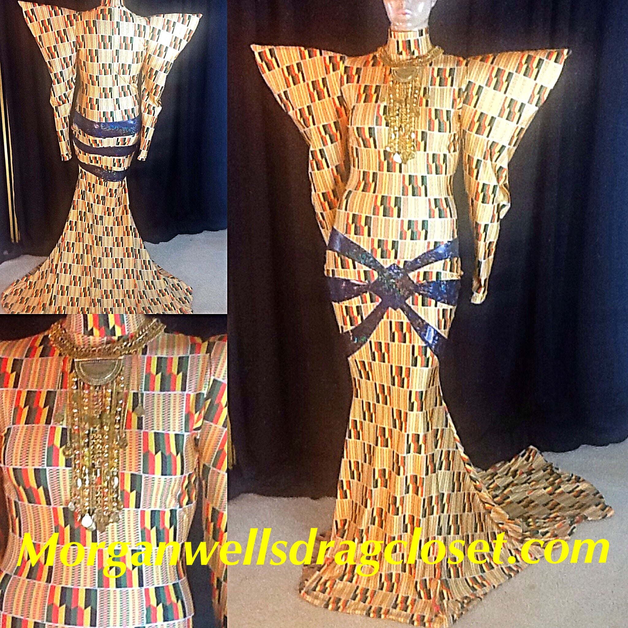 AFRICAN PRINT METAL NECK TRIM BIG SHOULDER SPANDEX DRESS