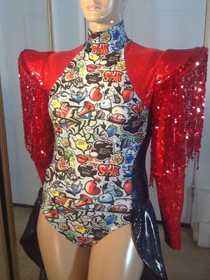 COMIC PRINT BLACK AND RED WITH SEQUIN FRINGE DANCE COSTUME