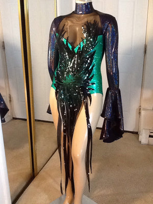 BLACK AND GREEN SEQUIN TRIMMED LEOTARD