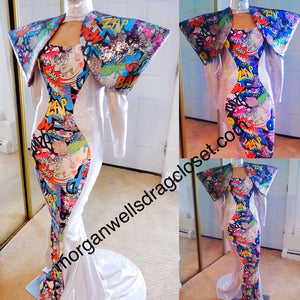 Graffiti Print Padded Sequin Shoulder Stretch Gown