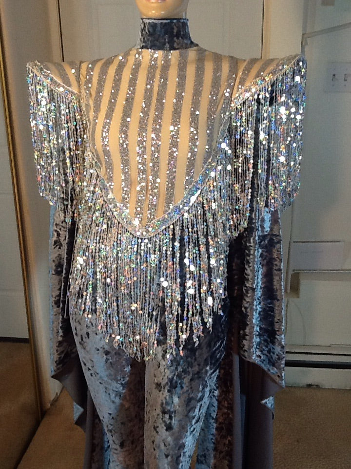GREY VELVET AND SILVER SEQUIN TRIMMED LONG SLEEVE CATSUIT DANCE COSTUME!