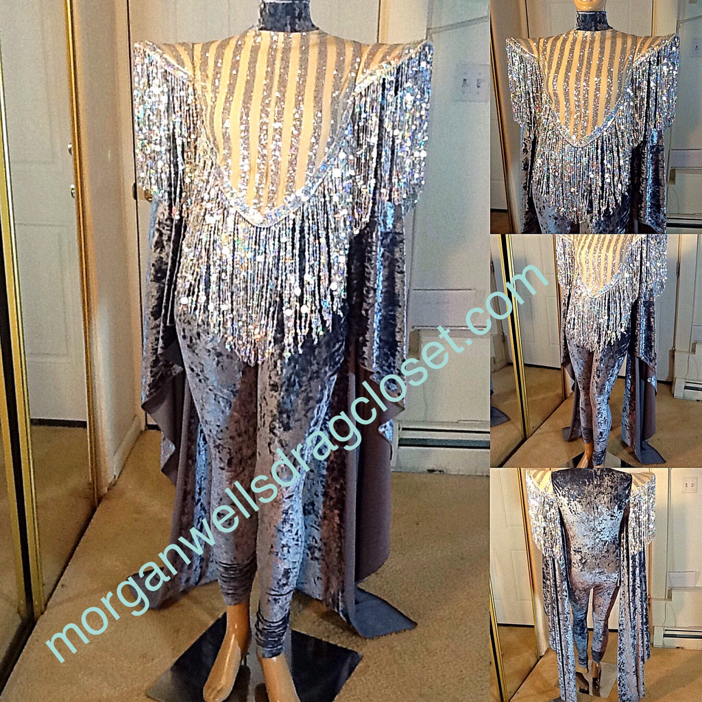 GREY VELVET AND SILVER SEQUIN TRIMMED LONG SLEEVE CATSUIT DANCE COSTUME!