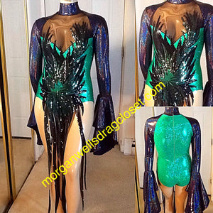 BLACK AND GREEN SEQUIN TRIMMED LEOTARD